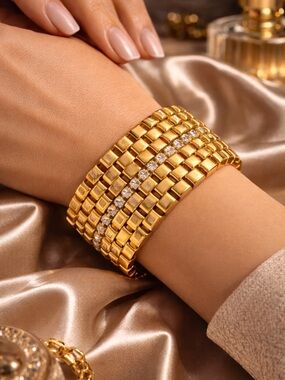 Chunky Gold Statement Bracelet Wide Link Rhinestone Center Glam Vintage Style